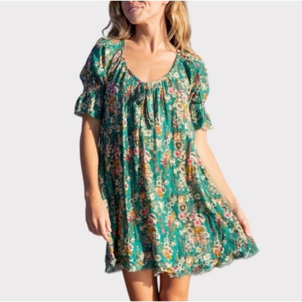 Natural Life Sienna Dress Women L/XL Teal Floral Cotton Gauze Mini with pockets